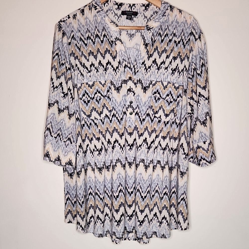 Cocomo Woman Zigzag Patterned Blouse Slate Black Tan Women's Size 2X